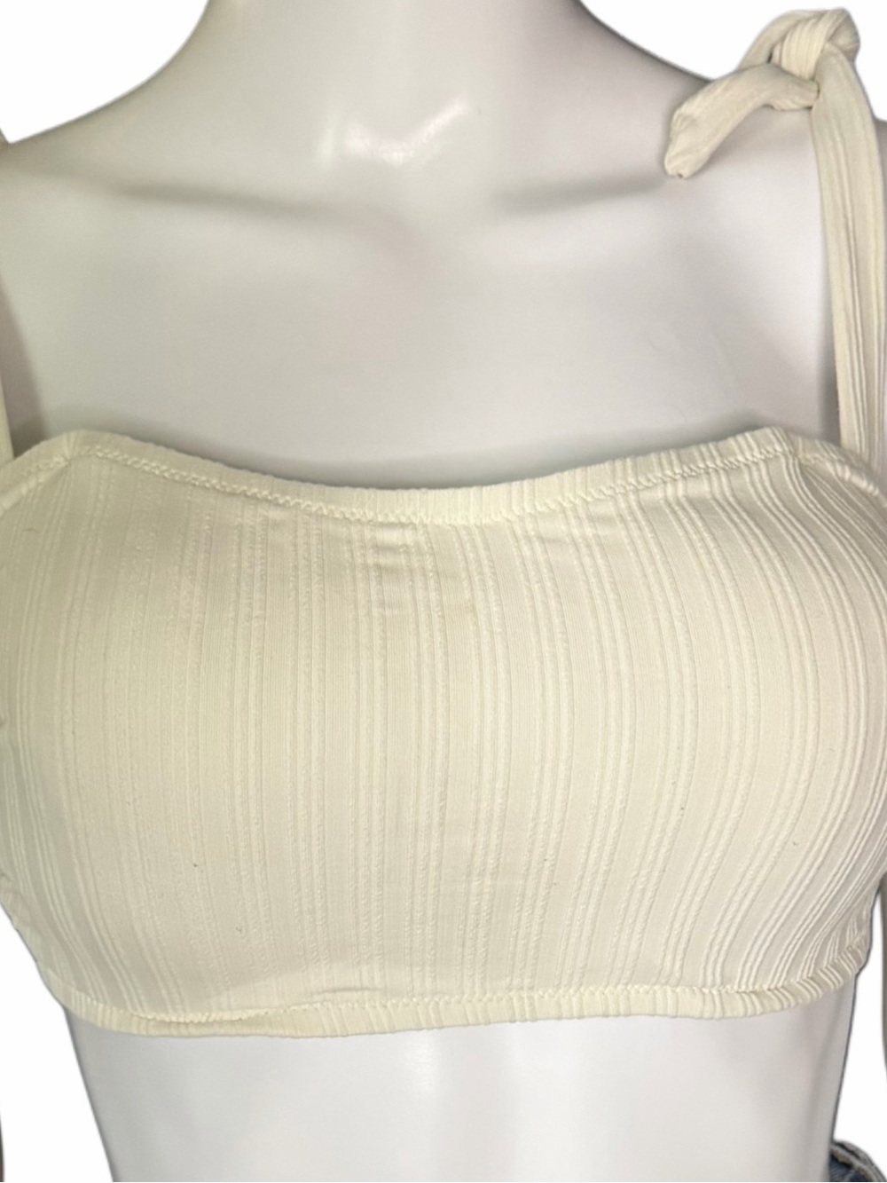 Shade & Shore Bikini Top Womens 36D Cream Ribbed Tie Strap Bandeau Swim Top